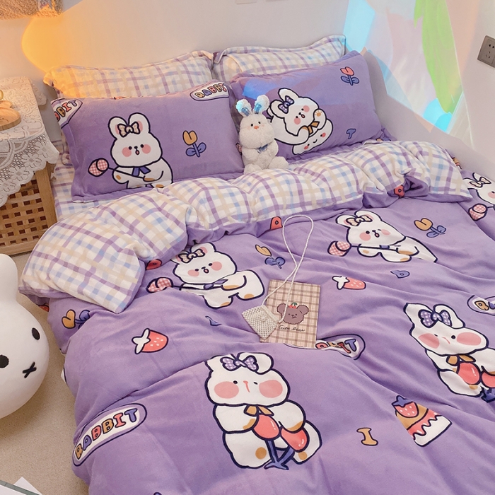 91家纺网 家纺一手货源 找家纺 沐棉家纺2021新款卡通牛奶绒四件套 蛋糕兔