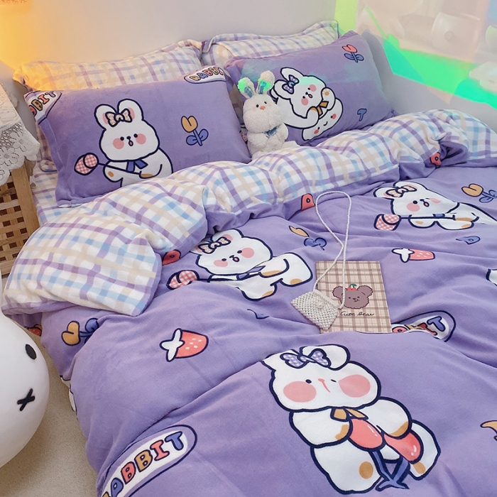 91家纺网 家纺一手货源 找家纺 沐棉家纺2021新款卡通牛奶绒四件套 蛋糕兔