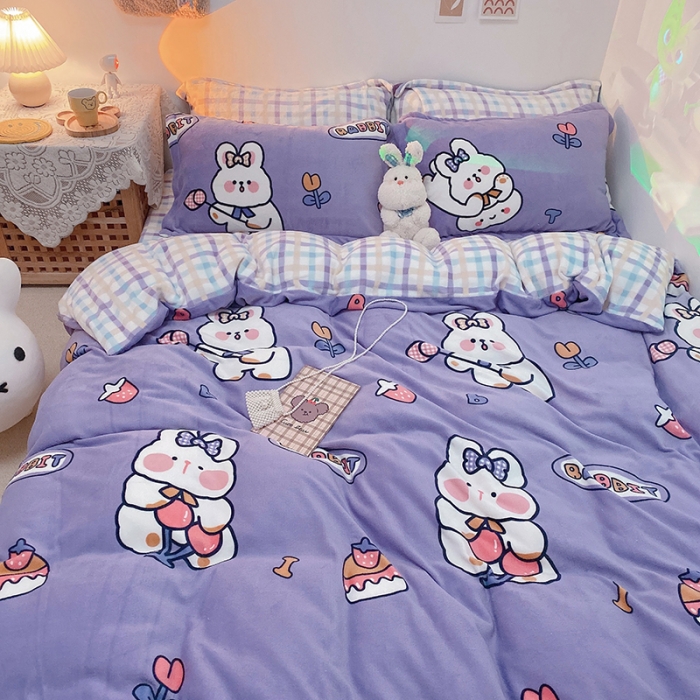 91家纺网 家纺一手货源 找家纺 沐棉家纺2021新款卡通牛奶绒四件套 蛋糕兔