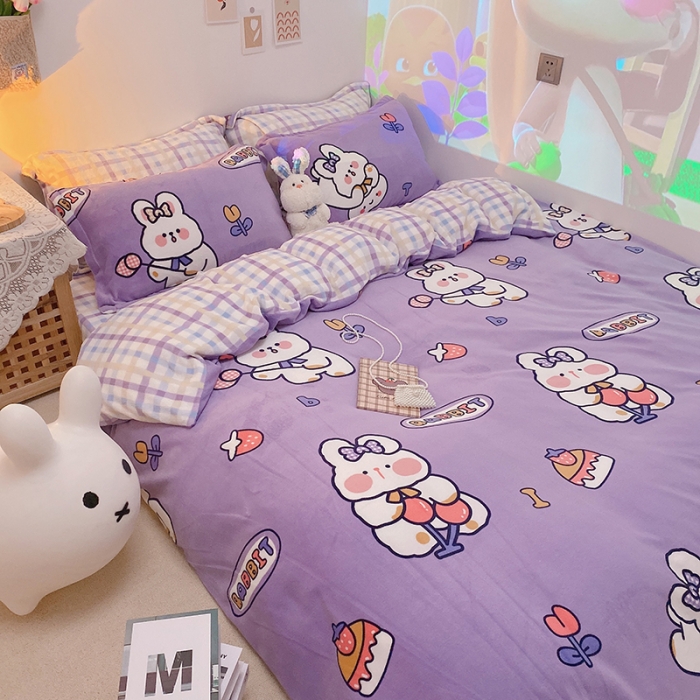 91家纺网 家纺一手货源 找家纺 沐棉家纺2021新款卡通牛奶绒四件套 蛋糕兔