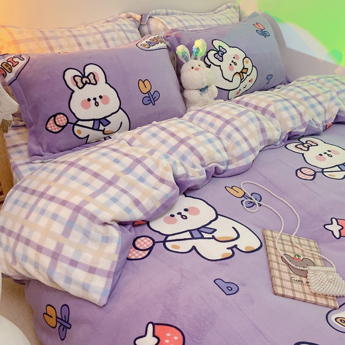 91家纺网 家纺一手货源 找家纺 沐棉家纺2021新款卡通牛奶绒四件套 蛋糕兔