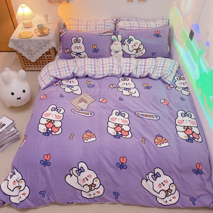 91家纺网 家纺一手货源 找家纺 沐棉家纺2021新款卡通牛奶绒四件套 蛋糕兔