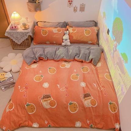 沐棉家纺2021新款卡通牛奶绒四件套 大桔大利