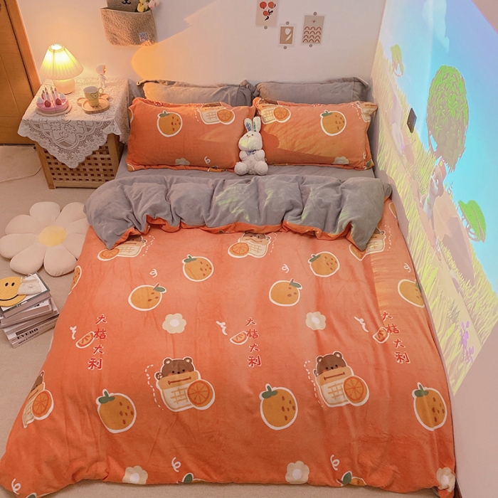 91家纺网 家纺一手货源 找家纺 沐棉家纺2021新款卡通牛奶绒四件套 大桔大利