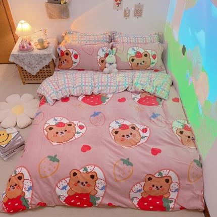 沐棉家纺2021新款卡通牛奶绒四件套 草莓熊