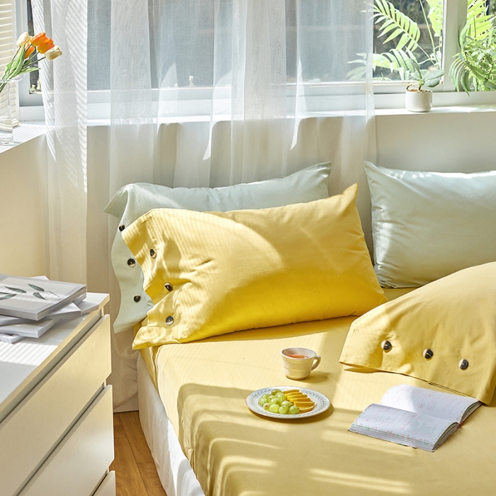 91家纺网 家纺一手货源 找家纺 小米笠 2021年新100支100s全棉磨毛抗菌床笠三件套 缃叶黄