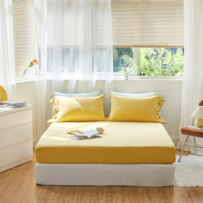 91家纺网 家纺一手货源 找家纺 小米笠 2021年新100支100s全棉磨毛抗菌床笠三件套 缃叶黄