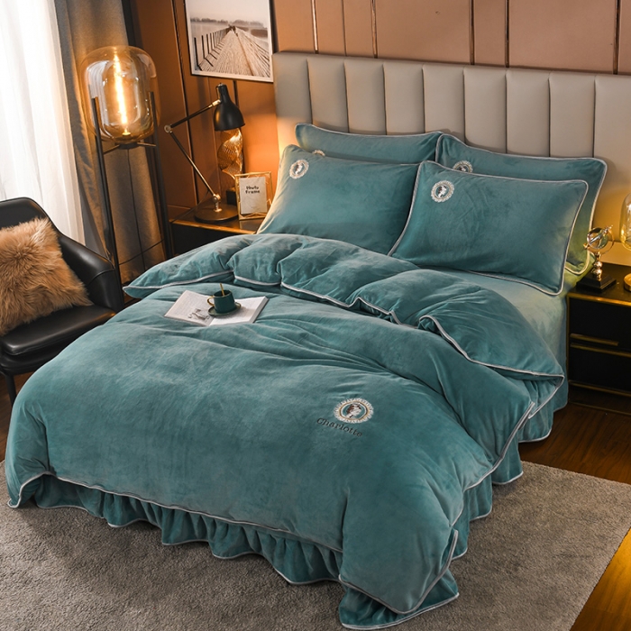 91家纺网 家纺一手货源 找家纺 迷仙巢 2021新款牛奶绒系列四件套典雅 典雅-豆绿