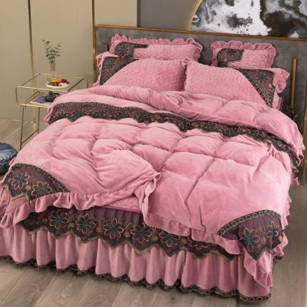 木兰花 220克保暖加厚牛奶绒蕾丝刺绣夹棉床裙款四件套 豆沙