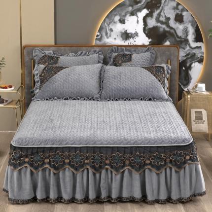 木兰花 220克保暖加厚牛奶绒蕾丝刺绣夹棉床裙款四件套高级灰