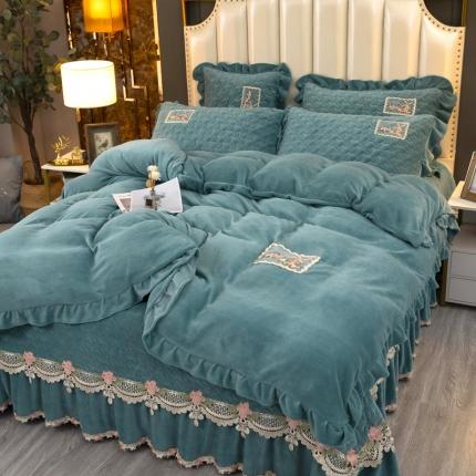 新款220克保暖加厚牛奶绒夹棉床盖款四件套千鸟格-薄荷绿