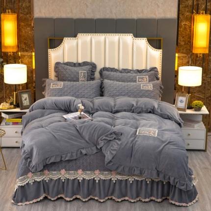 新款220克保暖加厚牛奶绒夹棉床盖款四件套 千鸟格-高级灰