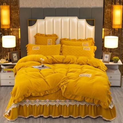 91家纺网 家纺一手货源 找家纺 新款220克保暖加厚牛奶绒夹棉床盖款四件套千鸟格-姜黄