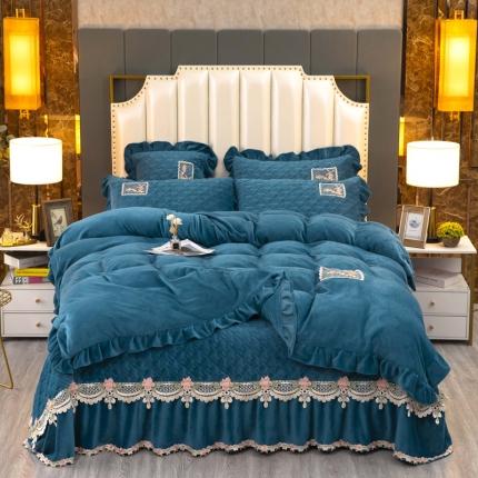 91家纺网 家纺一手货源 找家纺 新款220克保暖加厚牛奶绒夹棉床盖款四件套千鸟格-孔雀兰