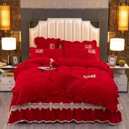 91家纺网 家纺一手货源 找家纺 新款220克保暖加厚牛奶绒夹棉床盖款四件套千鸟格-中国红