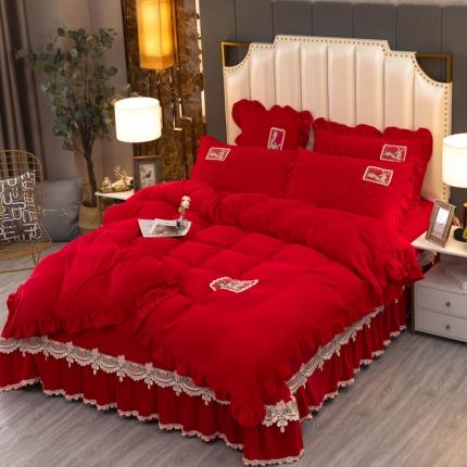 新款220克保暖加厚牛奶绒夹棉床盖款四件套千鸟格-中国红