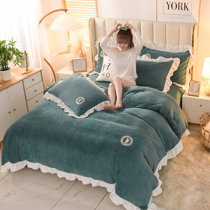 91家纺网 家纺一手货源 找家纺 迷仙巢 2021新款牛奶绒系列四件套公主 公主-豆绿