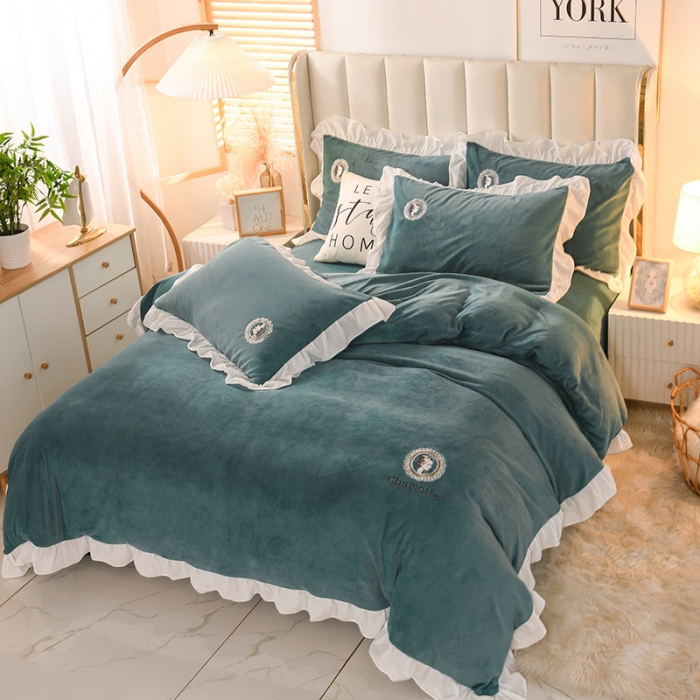 91家纺网 家纺一手货源 找家纺 迷仙巢 2021新款牛奶绒系列四件套公主 公主-豆绿