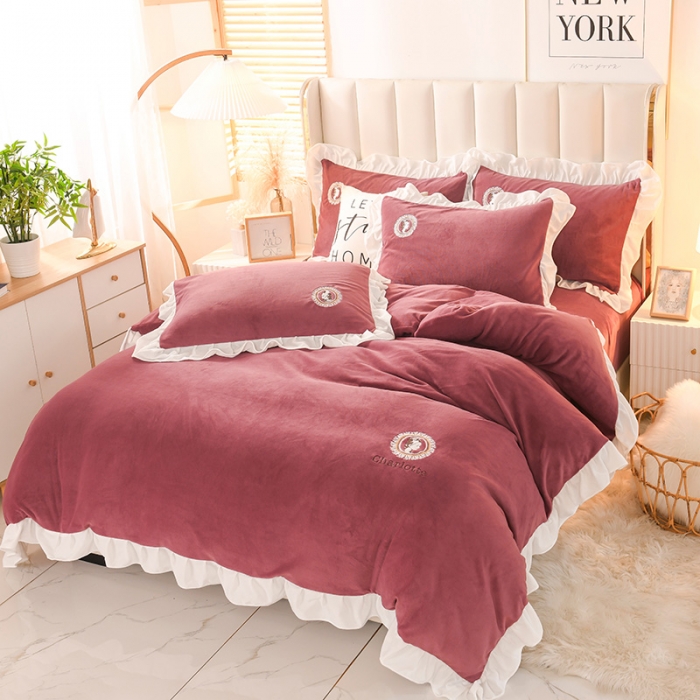 91家纺网 家纺一手货源 找家纺 迷仙巢 2021新款牛奶绒系列四件套公主 公主-豆沙