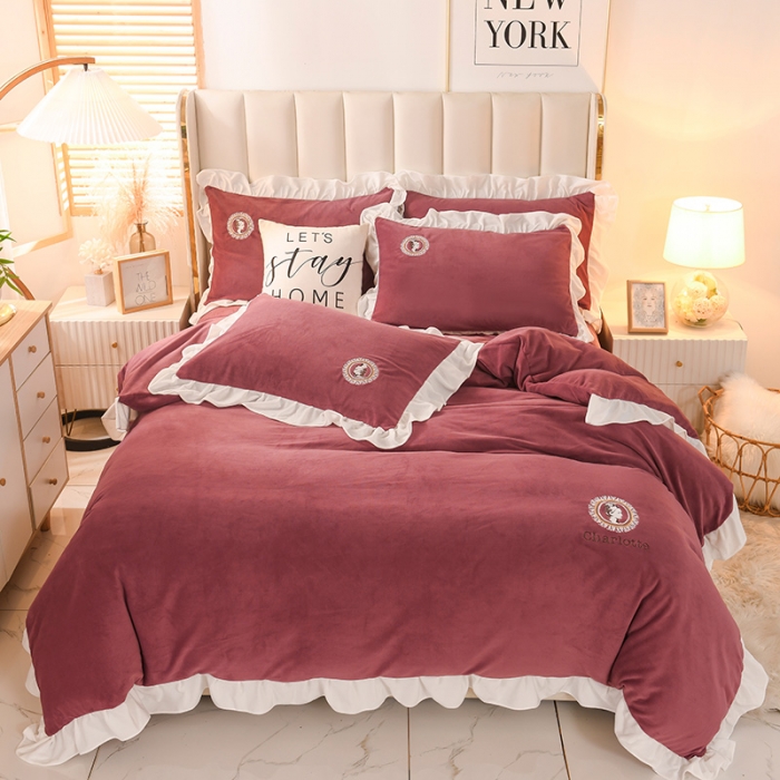 91家纺网 家纺一手货源 找家纺 迷仙巢 2021新款牛奶绒系列四件套公主 公主-豆沙