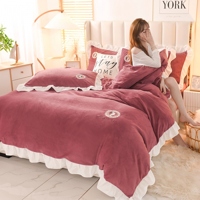 91家纺网 家纺一手货源 找家纺 迷仙巢 2021新款牛奶绒系列四件套公主 公主-豆沙