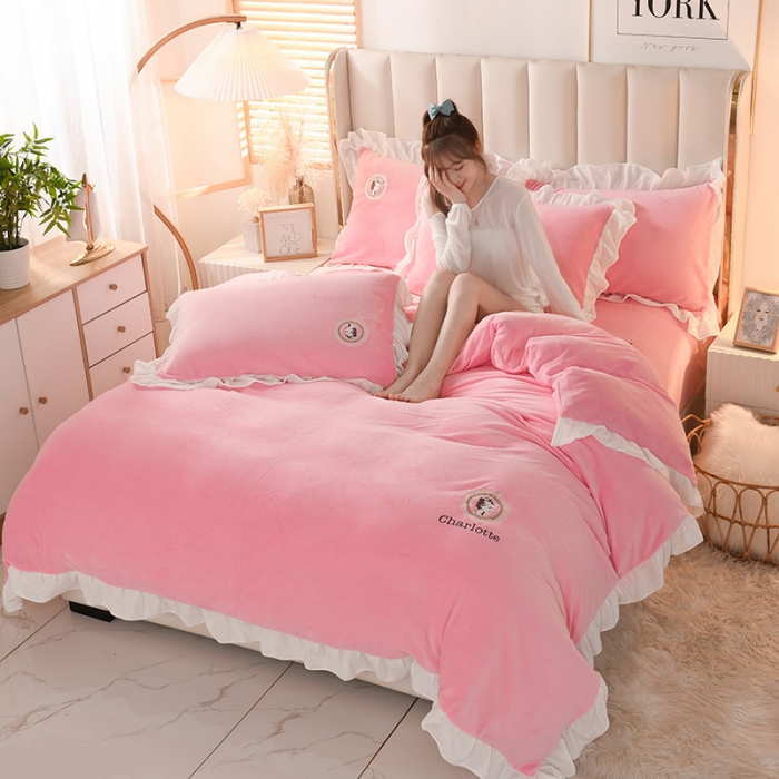 91家纺网 家纺一手货源 找家纺 迷仙巢 2021新款牛奶绒系列四件套公主 公主-粉玉