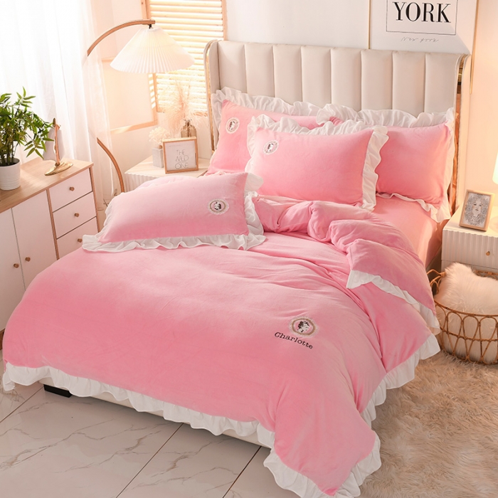 91家纺网 家纺一手货源 找家纺 迷仙巢 2021新款牛奶绒系列四件套公主 公主-粉玉