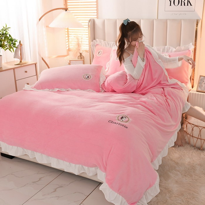 91家纺网 家纺一手货源 找家纺 迷仙巢 2021新款牛奶绒系列四件套公主 公主-粉玉