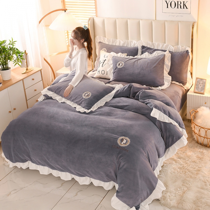 91家纺网 家纺一手货源 找家纺 迷仙巢 2021新款牛奶绒系列四件套公主 公主-高级灰