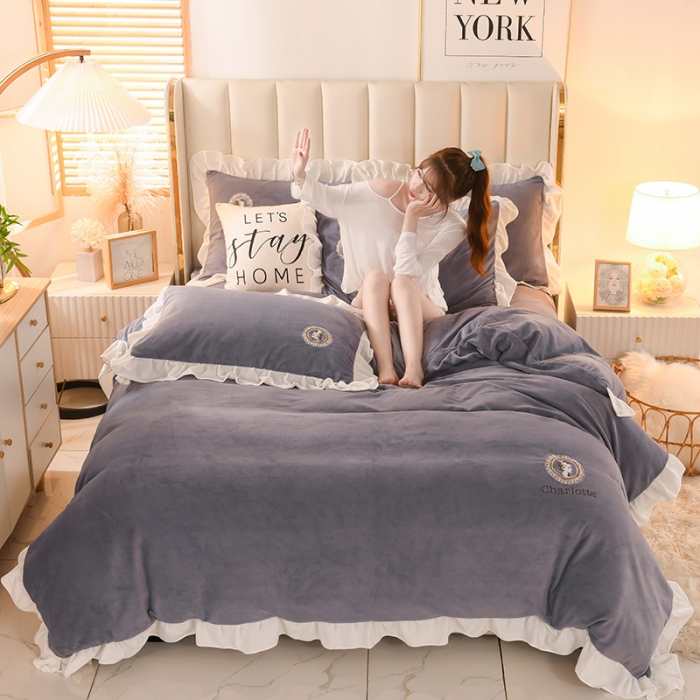 91家纺网 家纺一手货源 找家纺 迷仙巢 2021新款牛奶绒系列四件套公主 公主-高级灰