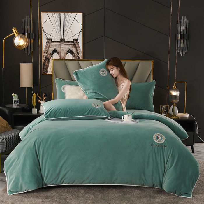 91家纺网 家纺一手货源 找家纺 迷仙巢 2021新款婴儿绒系列四件套倾城 倾城-豆绿