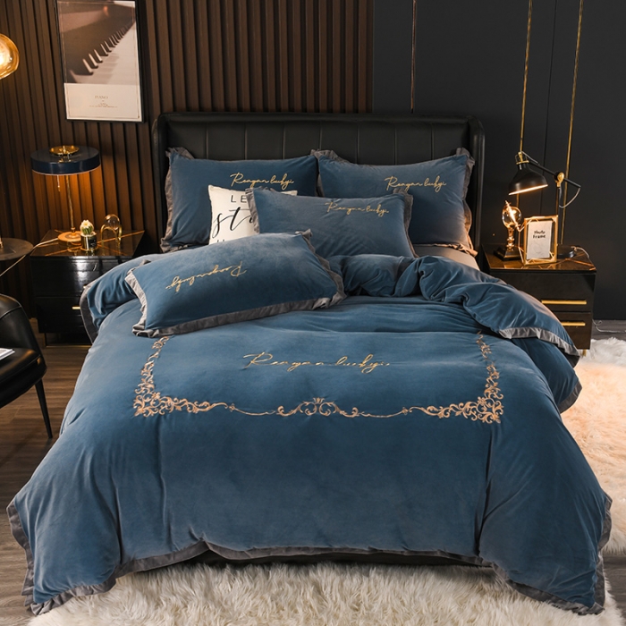 91家纺网 家纺一手货源 找家纺 迷仙巢 2021新款婴儿绒系列四件套盛世 盛世-宾利蓝