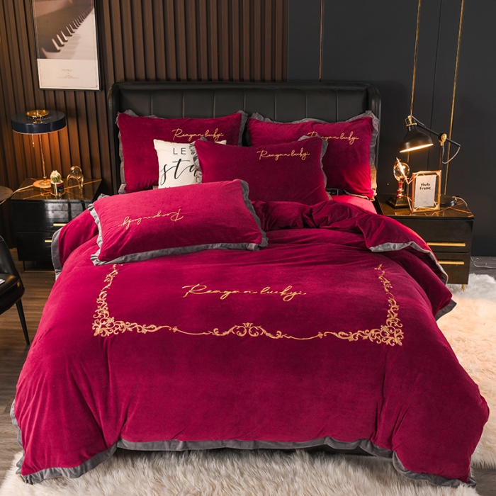 91家纺网 家纺一手货源 找家纺 迷仙巢 2021新款婴儿绒系列四件套盛世 盛世-酒红