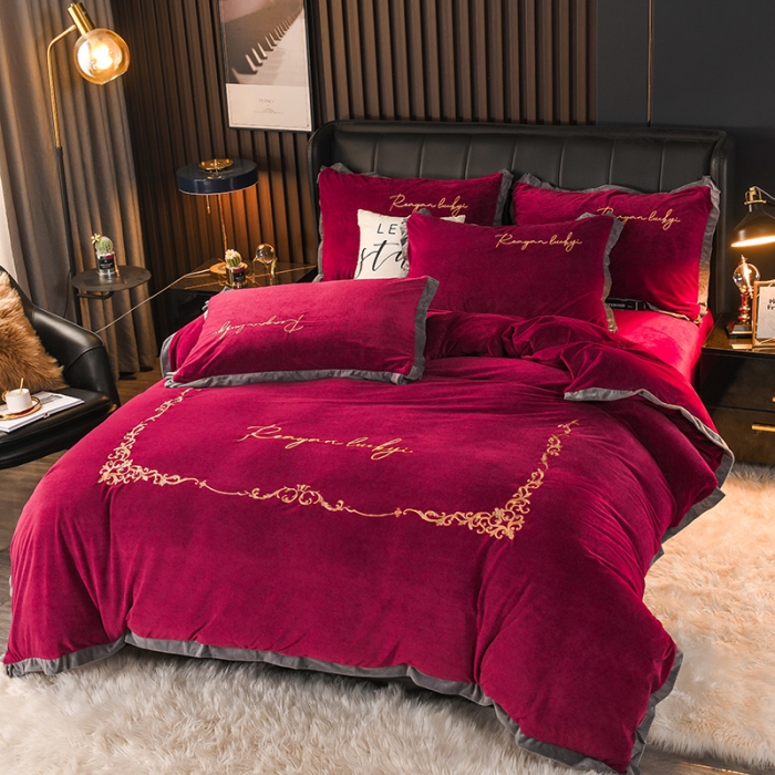 91家纺网 家纺一手货源 找家纺 迷仙巢 2021新款婴儿绒系列四件套盛世 盛世-酒红