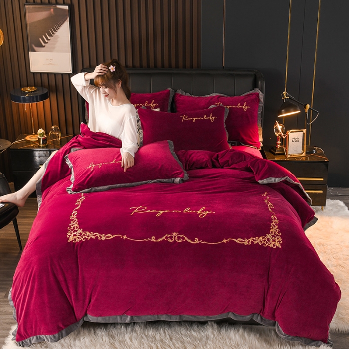 91家纺网 家纺一手货源 找家纺 迷仙巢 2021新款婴儿绒系列四件套盛世 盛世-酒红