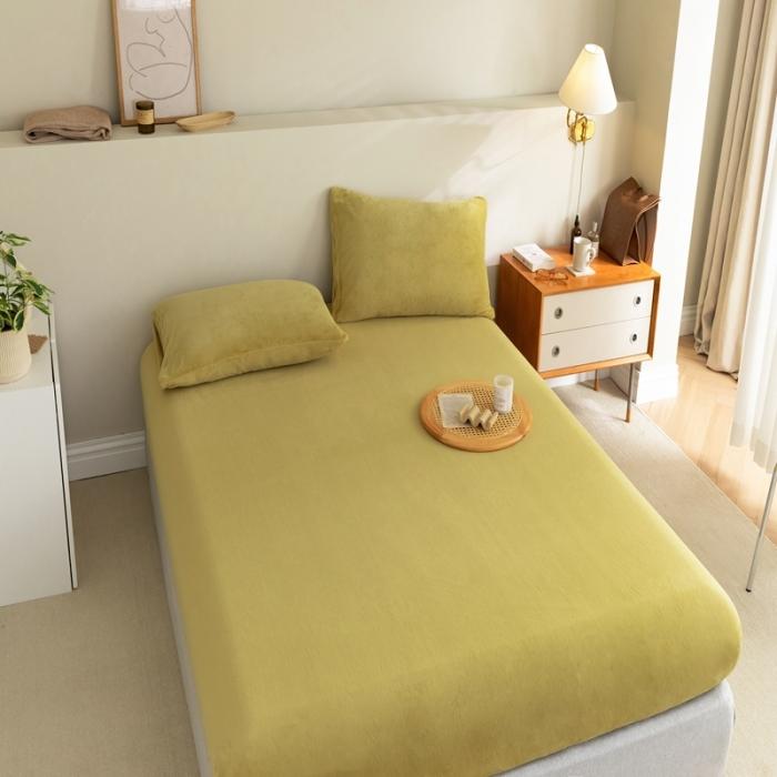 91家纺网 家纺一手货源 找家纺 法芙娜 加厚牛奶绒床笠 单层吸湿绒床笠 芥末黄