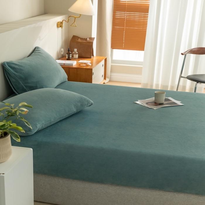 91家纺网 家纺一手货源 找家纺 法芙娜 加厚牛奶绒床笠 单层吸湿绒床笠 松石蓝