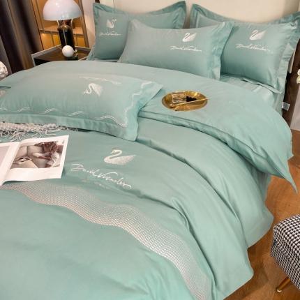 91家纺网 家纺一手货源 找家纺 祺瑞佳2022新款直播天鹅湖60支长绒棉A类全棉磨毛四件套天鹅湖-艾草绿