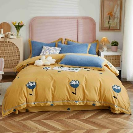 91家纺网 家纺一手货源 找家纺 （总）杜先生 2021新款230克牛奶绒拼角被边款四件套