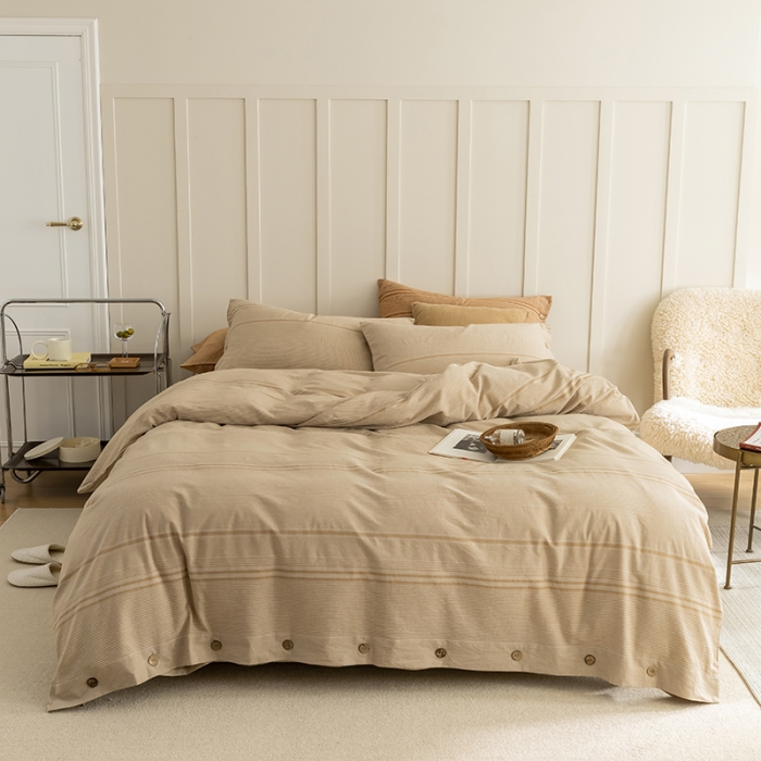 91家纺网 家纺一手货源 找家纺 华超针织 2021新款纽扣提花水洗棉四件套 卡其