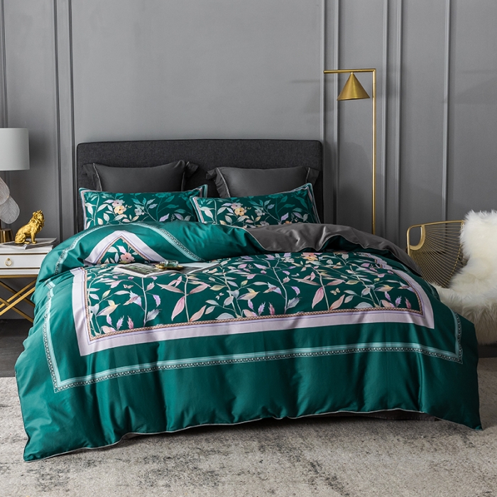 91家纺网 家纺一手货源 找家纺 朵希曼2023新款60S数码长绒棉套件 丛林蜜语-墨绿