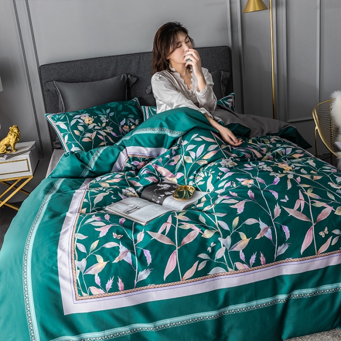 91家纺网 家纺一手货源 找家纺 朵希曼2023新款60S数码长绒棉套件 丛林蜜语-墨绿