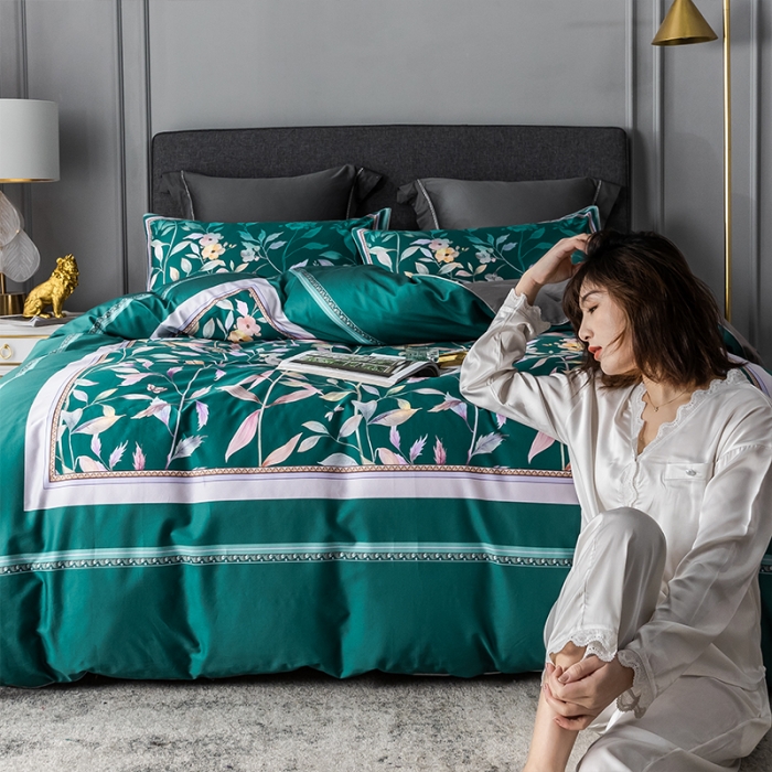 91家纺网 家纺一手货源 找家纺 朵希曼2023新款60S数码长绒棉套件 丛林蜜语-墨绿