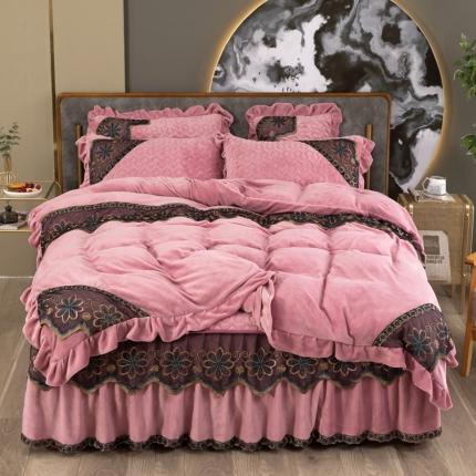 木兰花 220克保暖加厚牛奶绒蕾丝刺绣夹棉床裙款四件套 豆沙