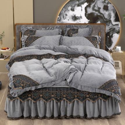 木兰花 220克保暖加厚牛奶绒蕾丝刺绣夹棉床裙款四件套高级灰