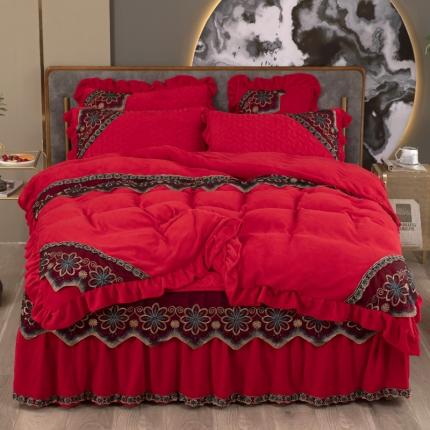 木兰花 220克保暖加厚牛奶绒蕾丝刺绣夹棉床裙款四件套中国红