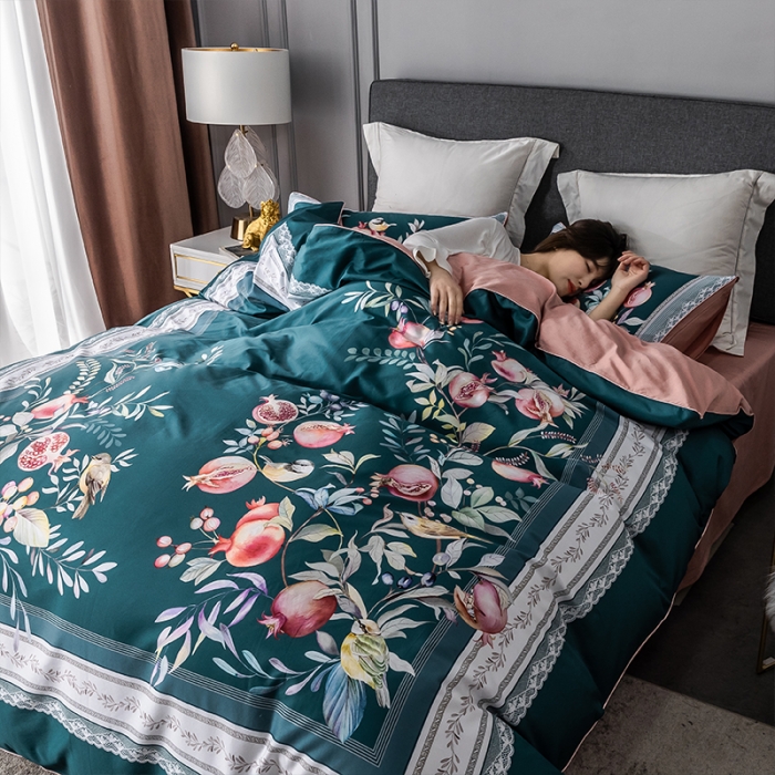 91家纺网 家纺一手货源 找家纺 朵希曼2023新款60S数码长绒棉套件 风雅小筑-绿