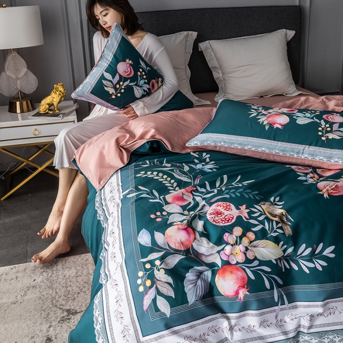 91家纺网 家纺一手货源 找家纺 朵希曼2023新款60S数码长绒棉套件 风雅小筑-绿