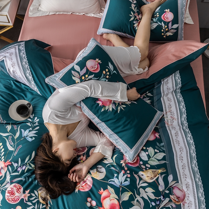 91家纺网 家纺一手货源 找家纺 朵希曼2023新款60S数码长绒棉套件 风雅小筑-绿