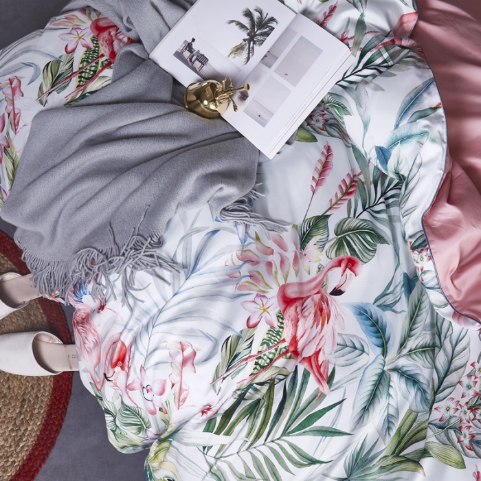 91家纺网 家纺一手货源 找家纺 朵希曼2023新款60S数码长绒棉套件 火烈鸟（粉）